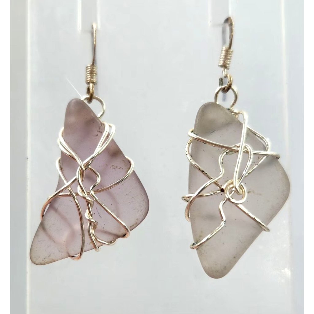 Asymmetrical Sea Glass Dangle Earrings, Wire Wrapped